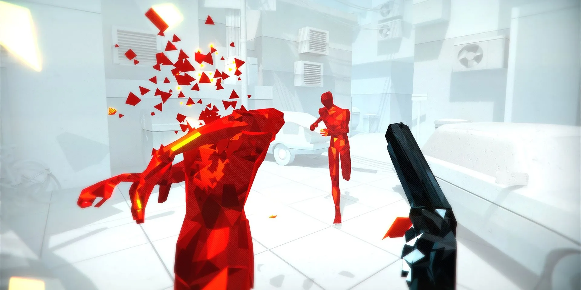 Nhân vật game Superhot trong pha hành động né đạn và bắn trả kẻ thù