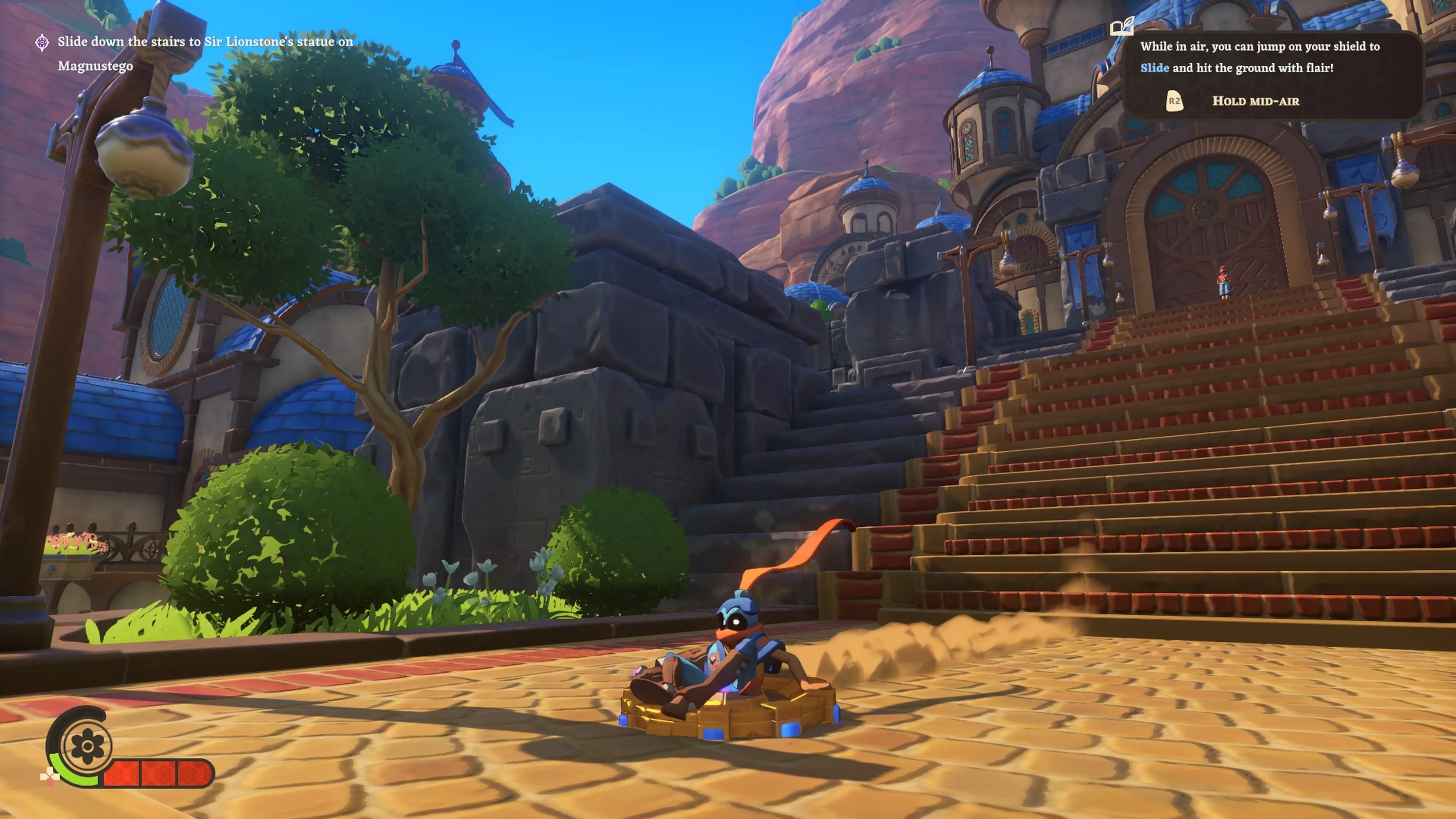 Nhân vật Knightling trượt khiên trên sườn dốc, thể hiện cơ chế di chuyển mượt mà của game.