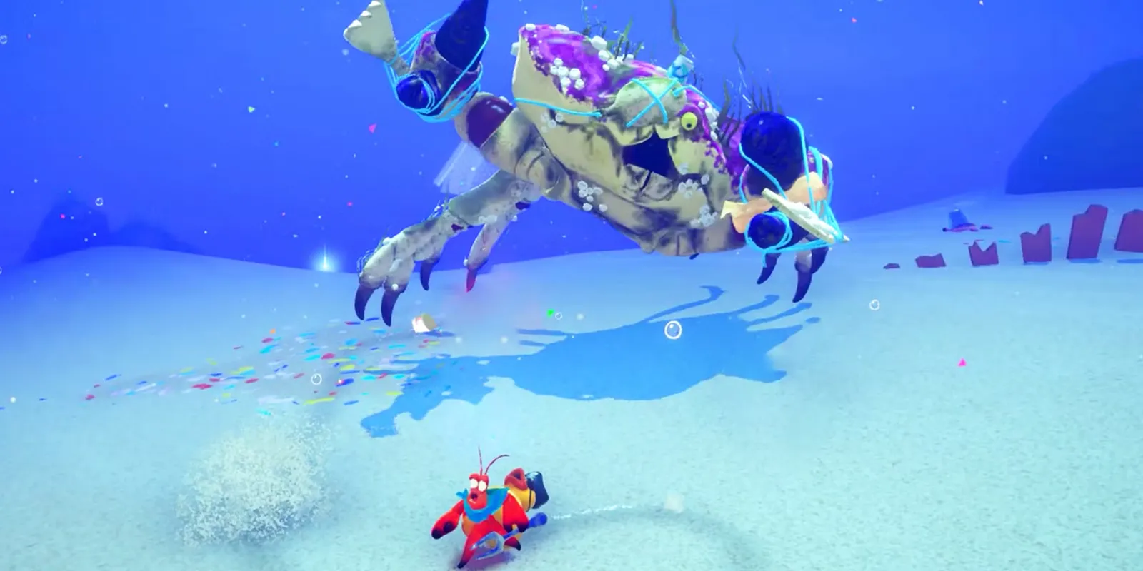 Nhân vật Kril, một con cua ẩn sĩ, đang đối mặt với kẻ thù dưới đáy biển trong Another Crab's Treasure