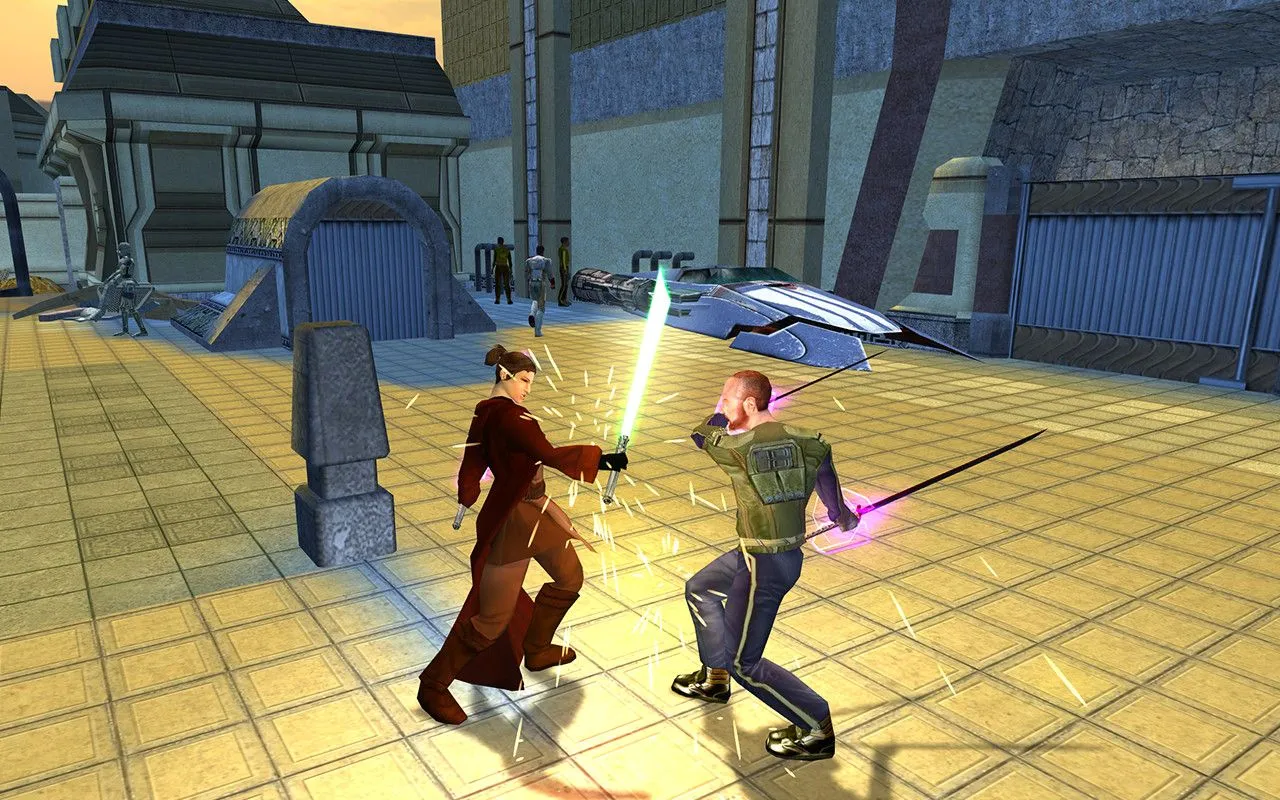 Nhân vật trong Star Wars Knights of the Old Republic 2: The Sith Lords đối đầu với kẻ thù trên một hành tinh xa lạ.