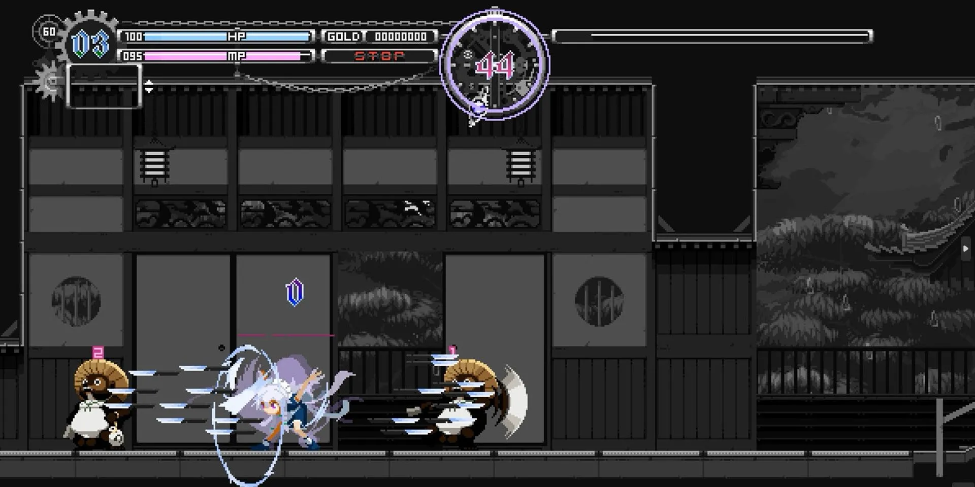 Sakuya Izayoi ném dao trong thời gian bị dừng, tái hiện phong cách Dio Brando kinh điển trong Touhou Luna Nights.