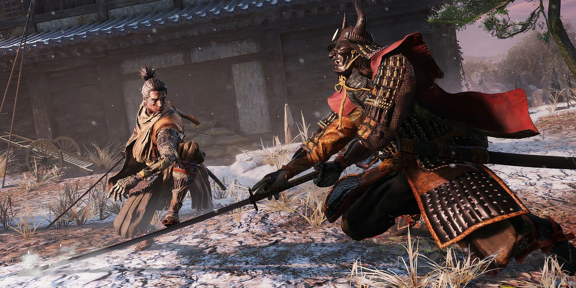 Sekiro thực hiện đòn phản công Mikiri Counter ngoạn mục trước một miniboss, nhấn mạnh cơ chế đỡ đòn đặc trưng