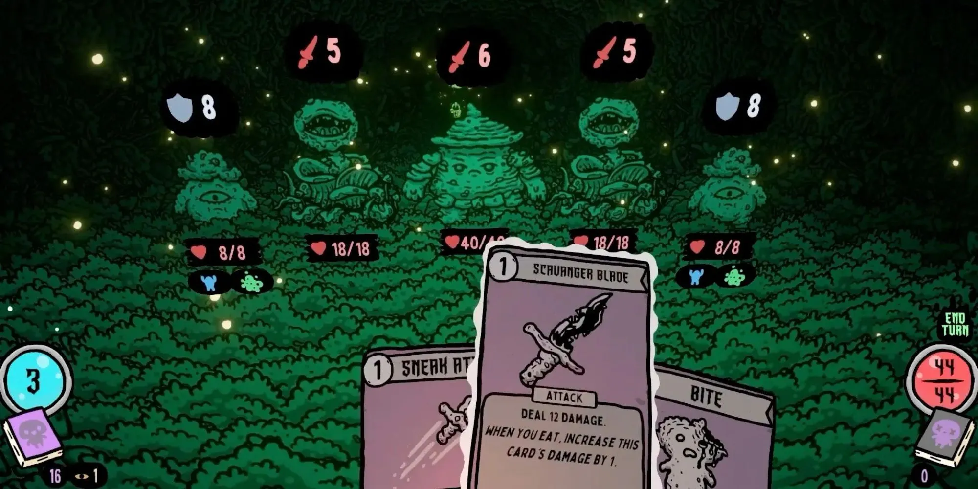 Shroom and Gloom Gameplay với cơ chế deckbuilder roguelike độc đáo, cho phép người chơi tùy chỉnh deck khám phá và chiến đấu, kết hợp đồ họa vẽ tay tuyệt đẹp và yếu tố ẩm thực
