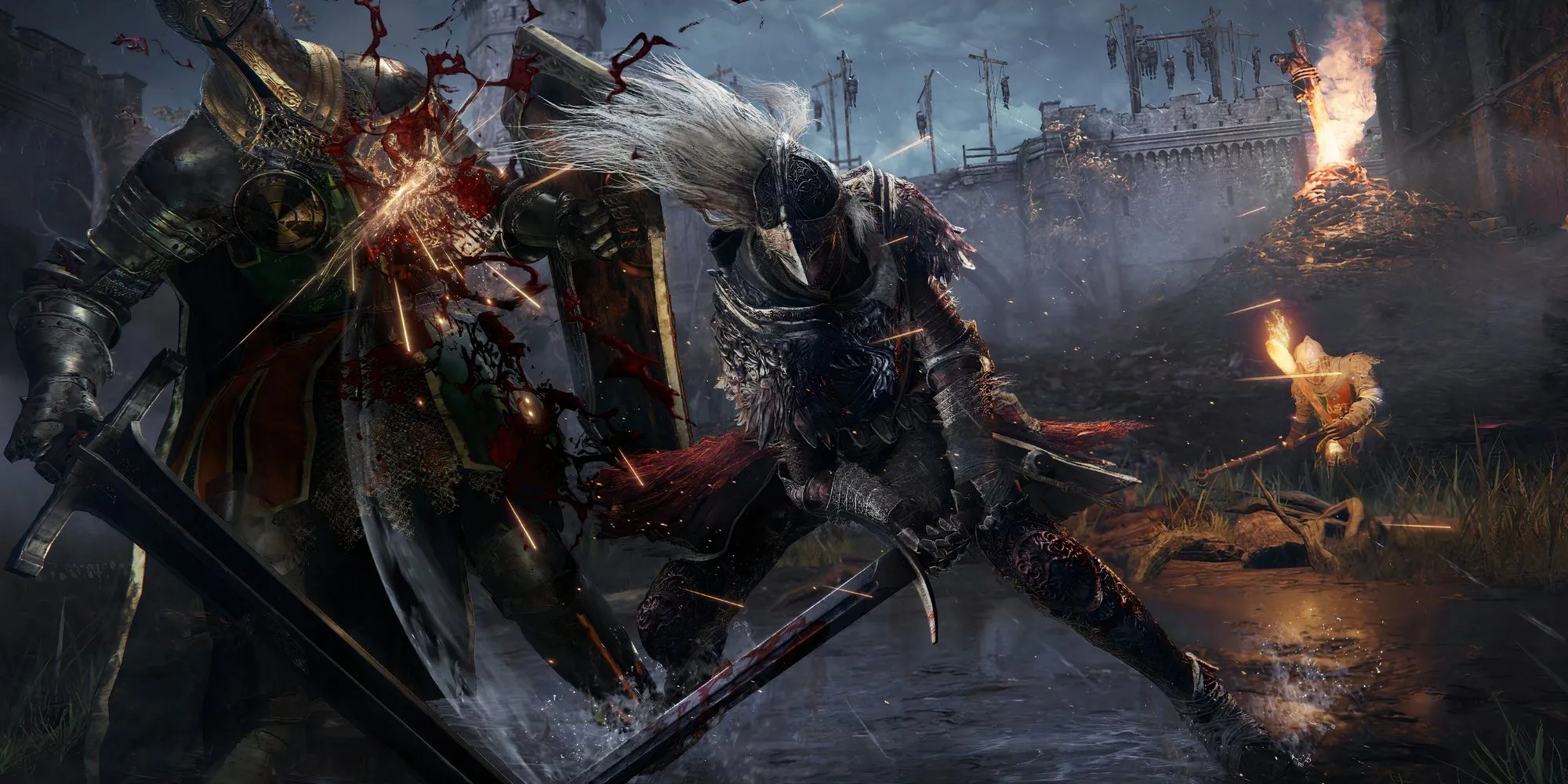 Tarnished trong bộ giáp Raging Wolf cầm kiếm Bastard đối đầu với hiệp sĩ Banished Knight, hình ảnh tượng trưng cho độ khó của Elden Ring