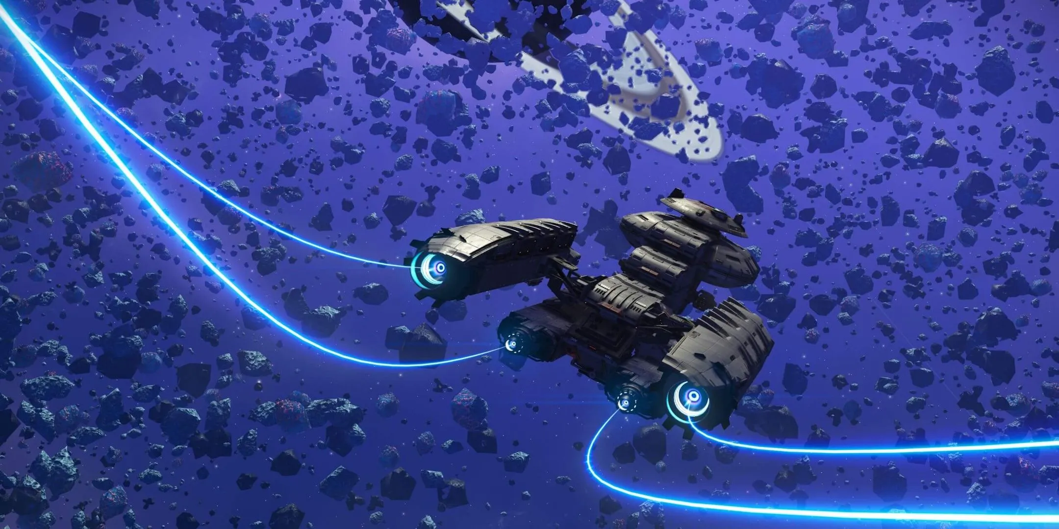 Tàu vũ trụ Corvette tùy chỉnh đang bay lượn trong không gian bao la của No Man's Sky, thể hiện tính năng phi hành đoàn nhiều người chơi đầy thú vị