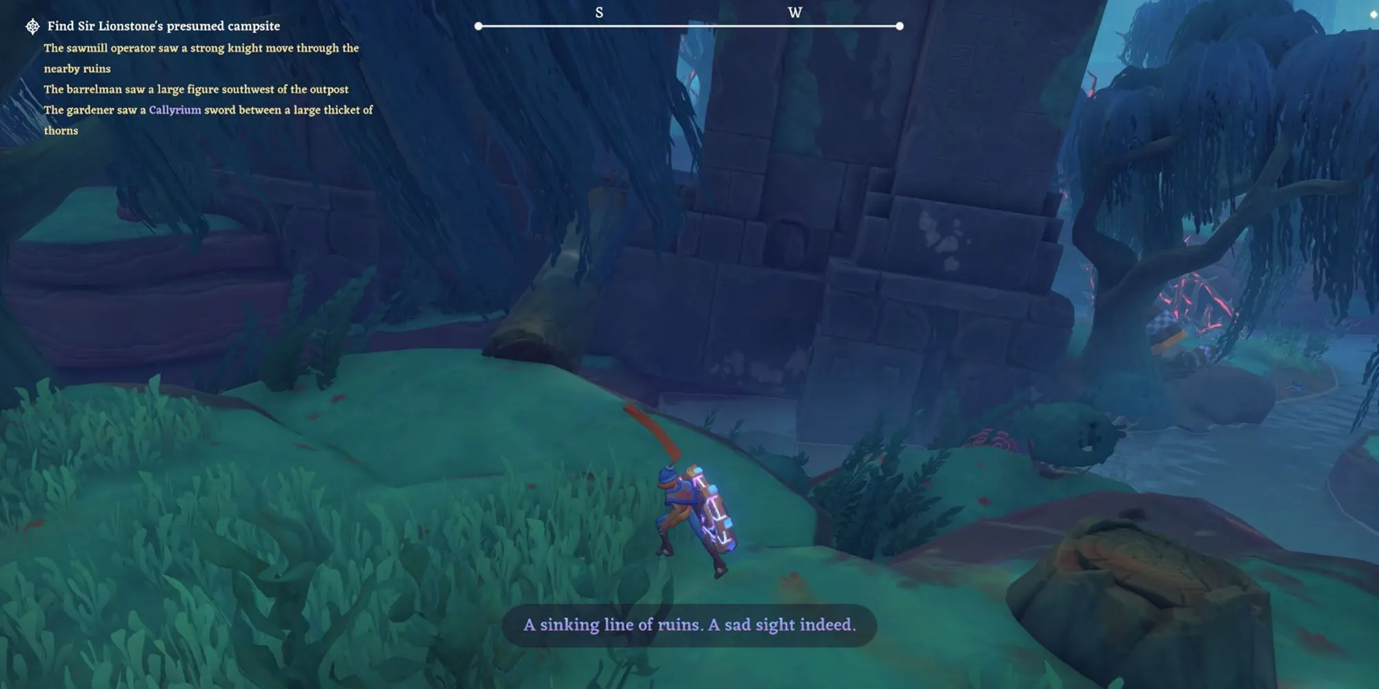 Tiếp tục đi về phía nam, dùng cầu gỗ để tiến vào cấu trúc đá bí ẩn ở Cornered Bosk trong The Knightling