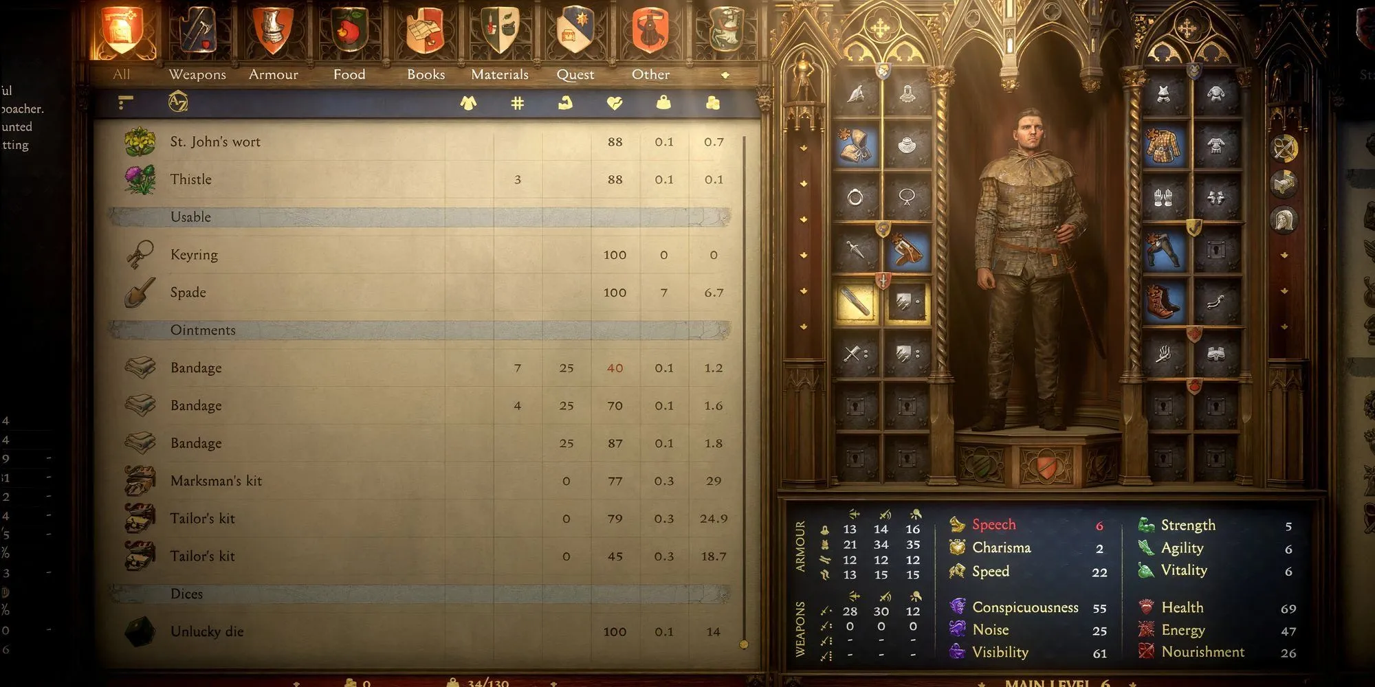 Túi đồ của Henry hiển thị các vật phẩm như băng gạc và thức ăn trong Kingdom Come Deliverance 2