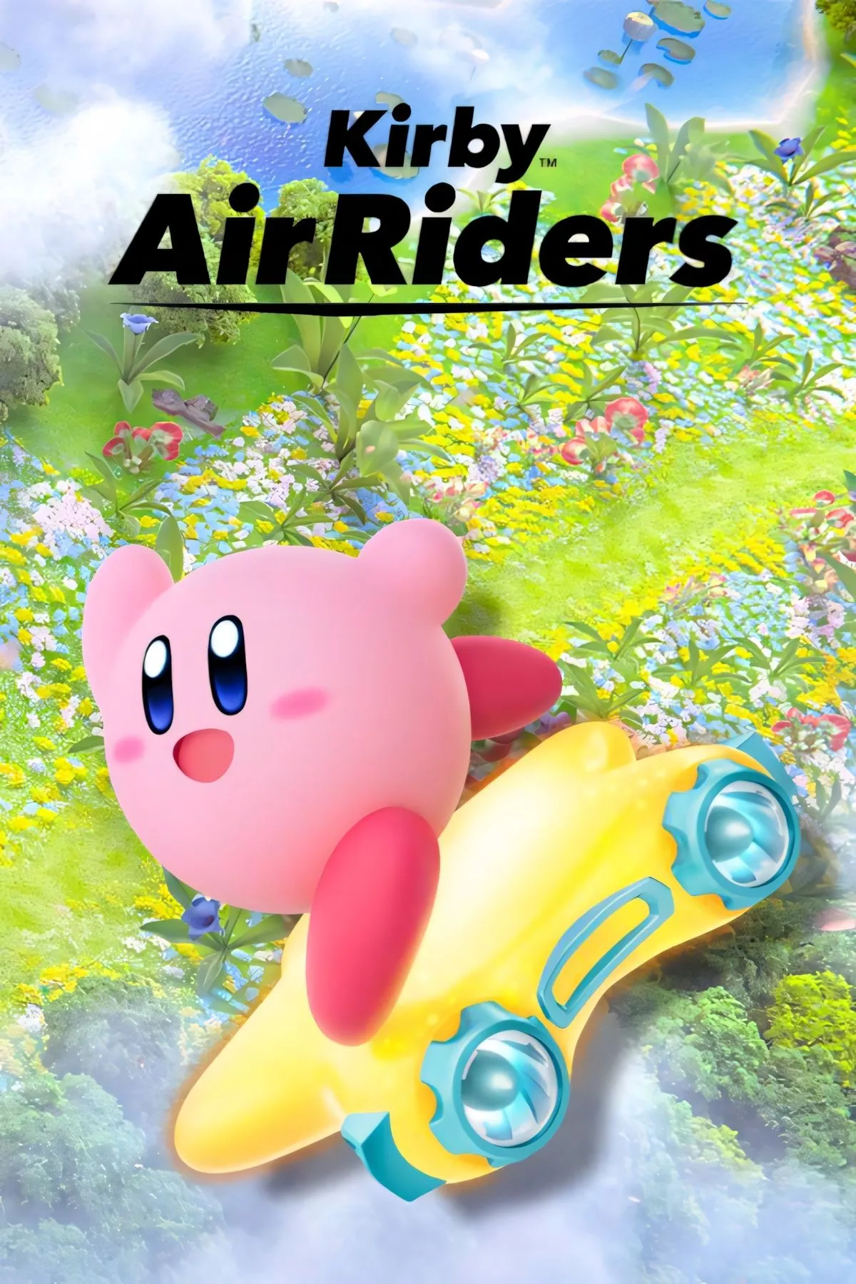 Ảnh bìa Kirby Air Riders: cover art hiển thị Kirby lái máy bay, logo và tông màu tươi sáng cho bản Wii/Console mới