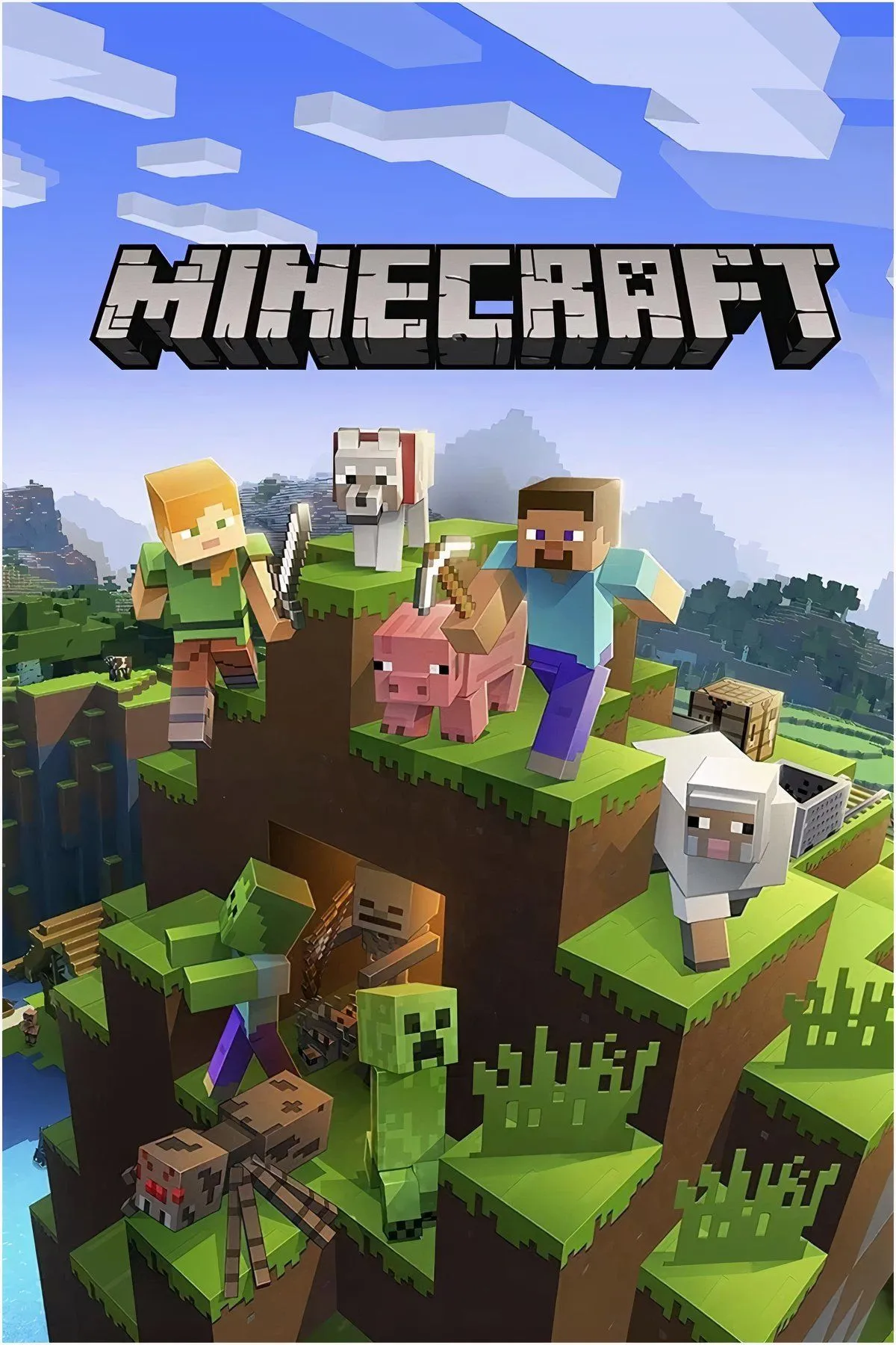 Ảnh ghép các cảnh phổ biến của Minecraft: xây nhà, khám phá hang động, và mob Creeper xuất hiện bất ngờ