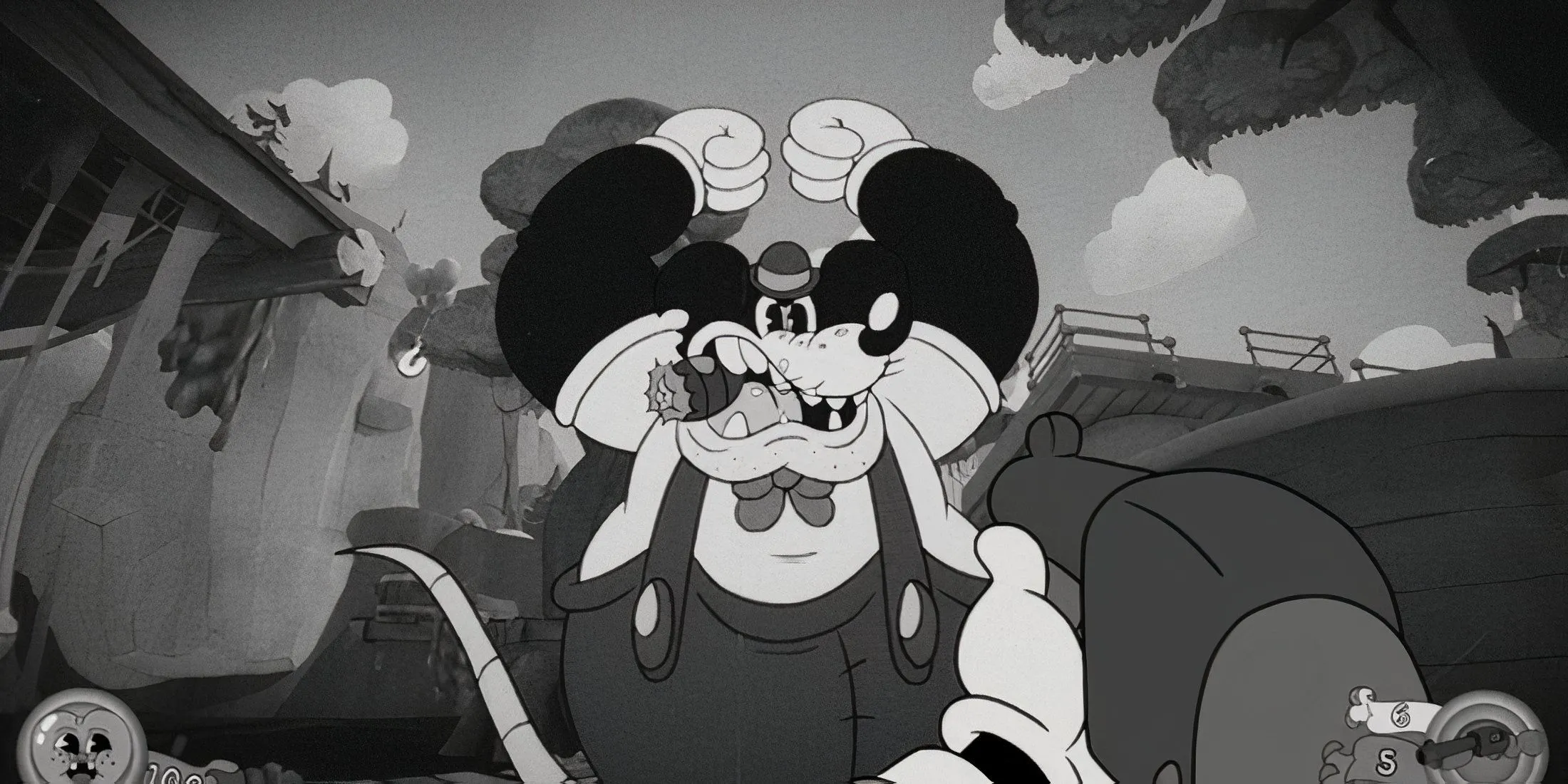 Ảnh in-game/Concept art thể hiện phong cách rubber hose, hành động nhanh và âm u phong cách noir