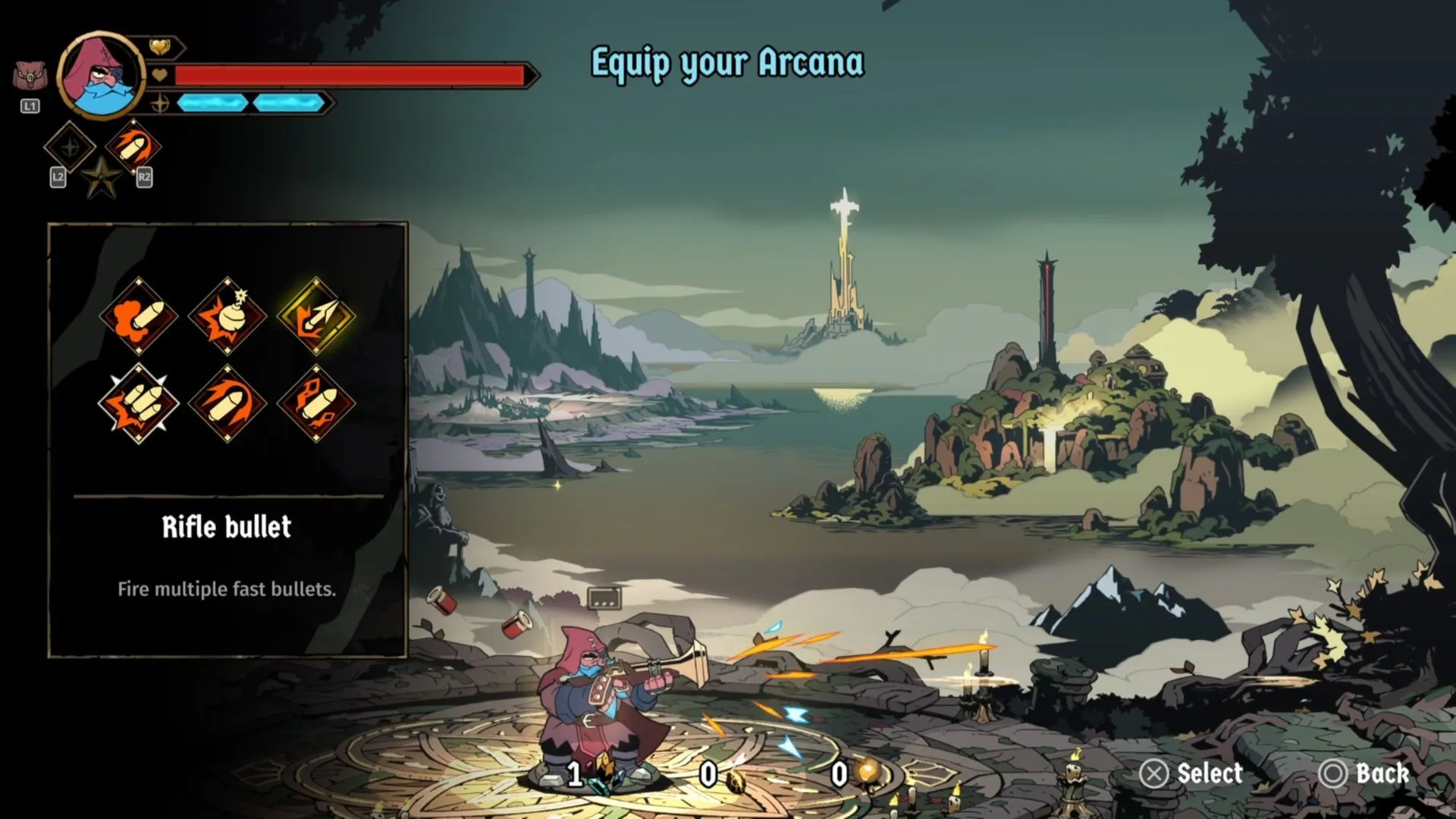 Ảnh minh họa Arcana Rifle Bullet cho Karl trong Absolum, hiển thị đạn thẳng và hiệu ứng sát thương đa mục tiêu