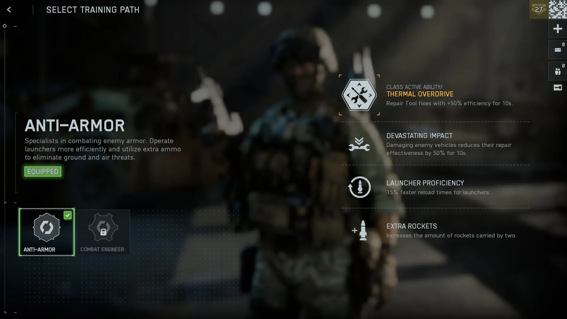 Ảnh mô tả perk Anti-Armour cho Engineer, thể hiện launcher và mines chống phương tiện