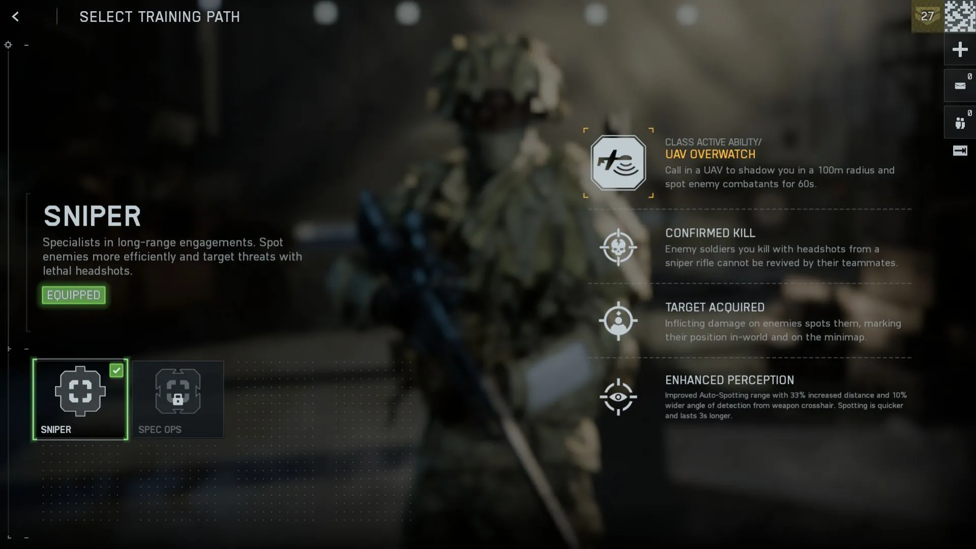 Ảnh mô tả perk Sniper cho Recon, thể hiện khả năng vô hiệu hóa revive và nâng cao spotting