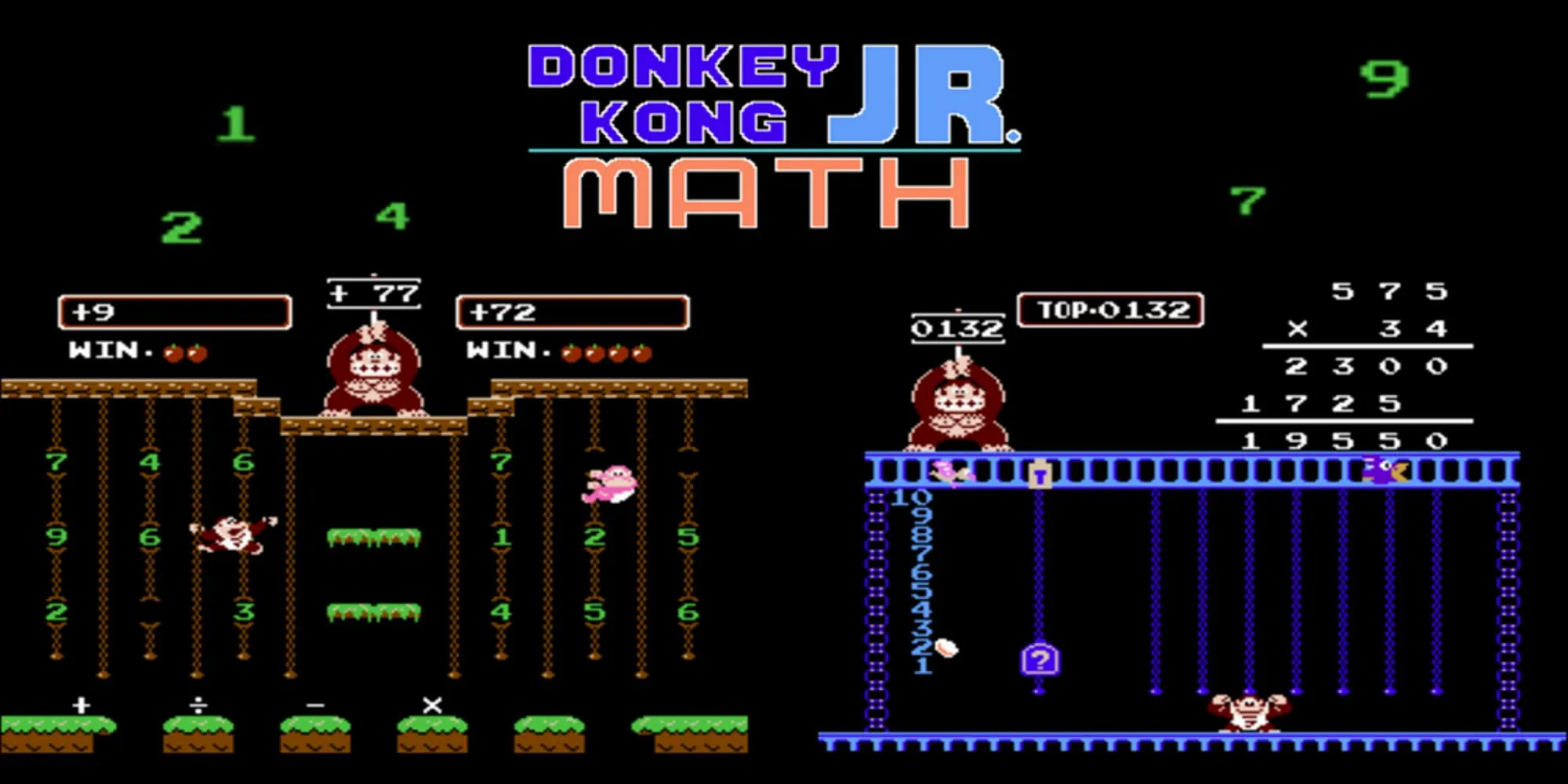 Ảnh quảng bá bìa Donkey Kong Jr. Math trên NES, nhân vật Donkey Kong Jr. và giao diện chơi số
