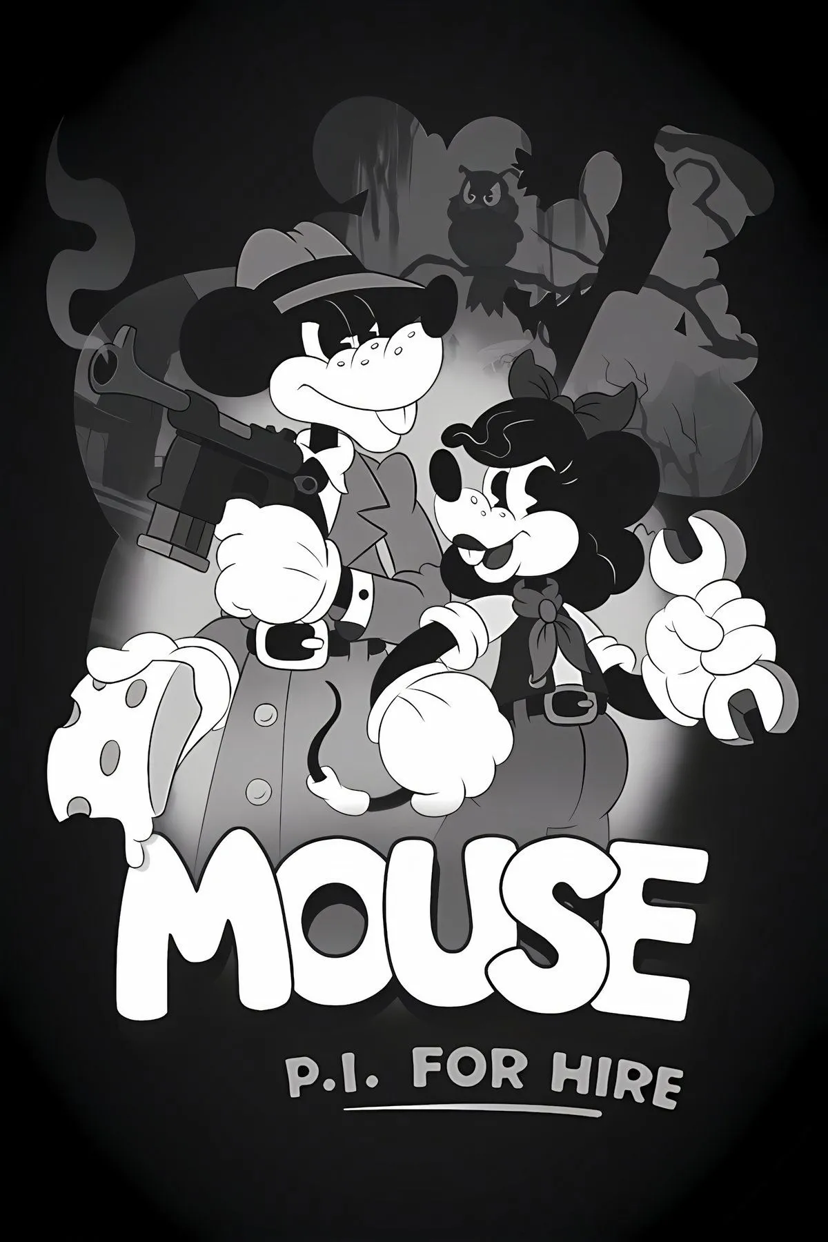Bìa chính Mouse: P.I. For Hire với phong cách hoạt hình đen trắng cổ điển, nhân vật Jack Pepper cầm súng