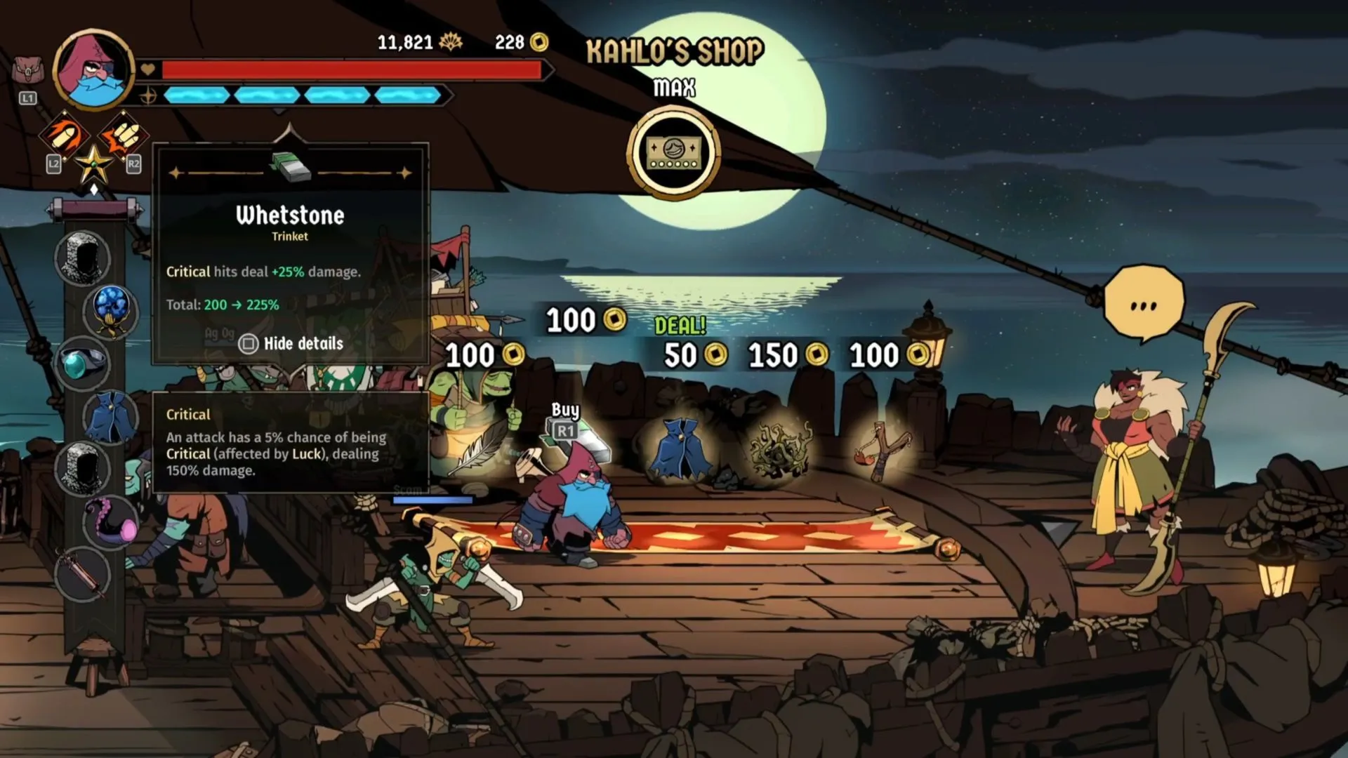 Bộ trinket hữu ích cho Karl: Tongue Charm, Whetstone, Shield trong Absolum, nhấn mạnh tăng Punish và Critical