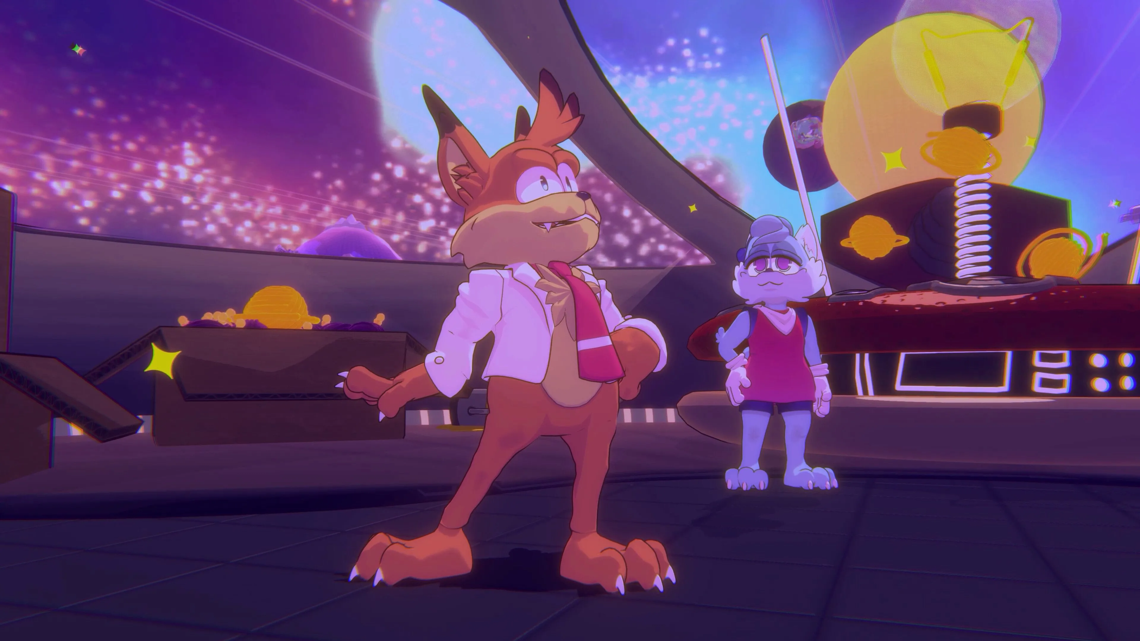 Bubsy 4D gameplay: nền 3D, nhân vật bobcat chạy nhảy và mechanic Furball