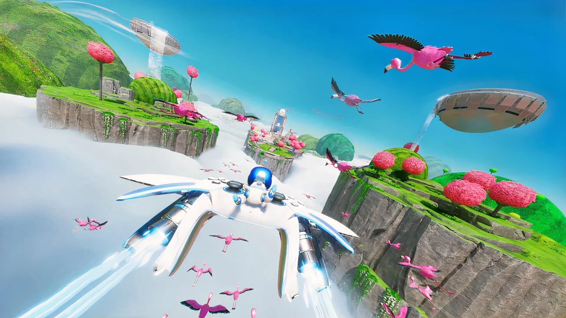 Cảnh bay cùng hồng hạc trong Astro Bot — nền tảng 3D độc đáo của Team Asobi trên PS5