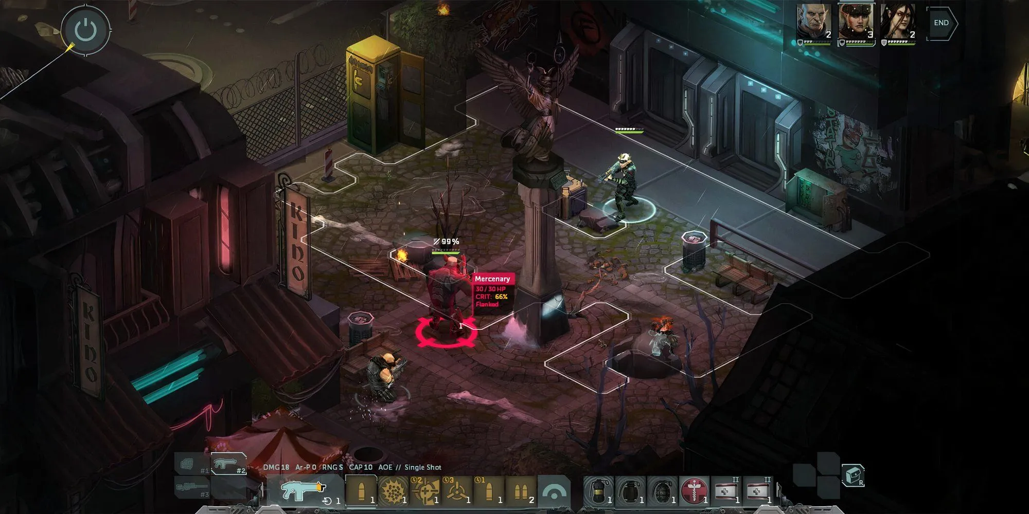 Cảnh combat Shadowrun Dragonfall hiển thị hệ thống chiến đấu theo ô trong bối cảnh đô thị neon