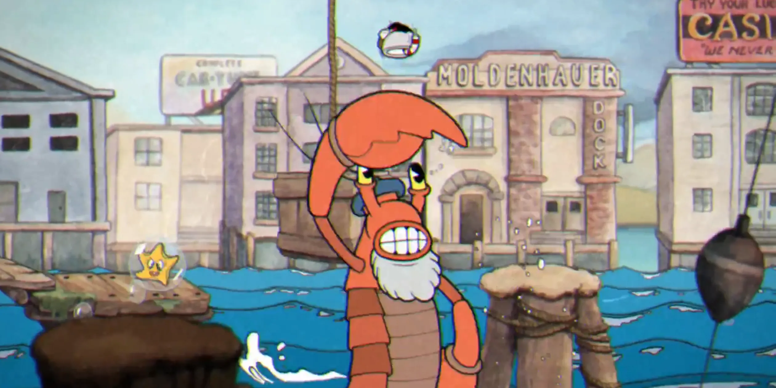 Cuphead Perilous Piers với nhiều kẻ thù và đạn trên nền nền gỗ cảng