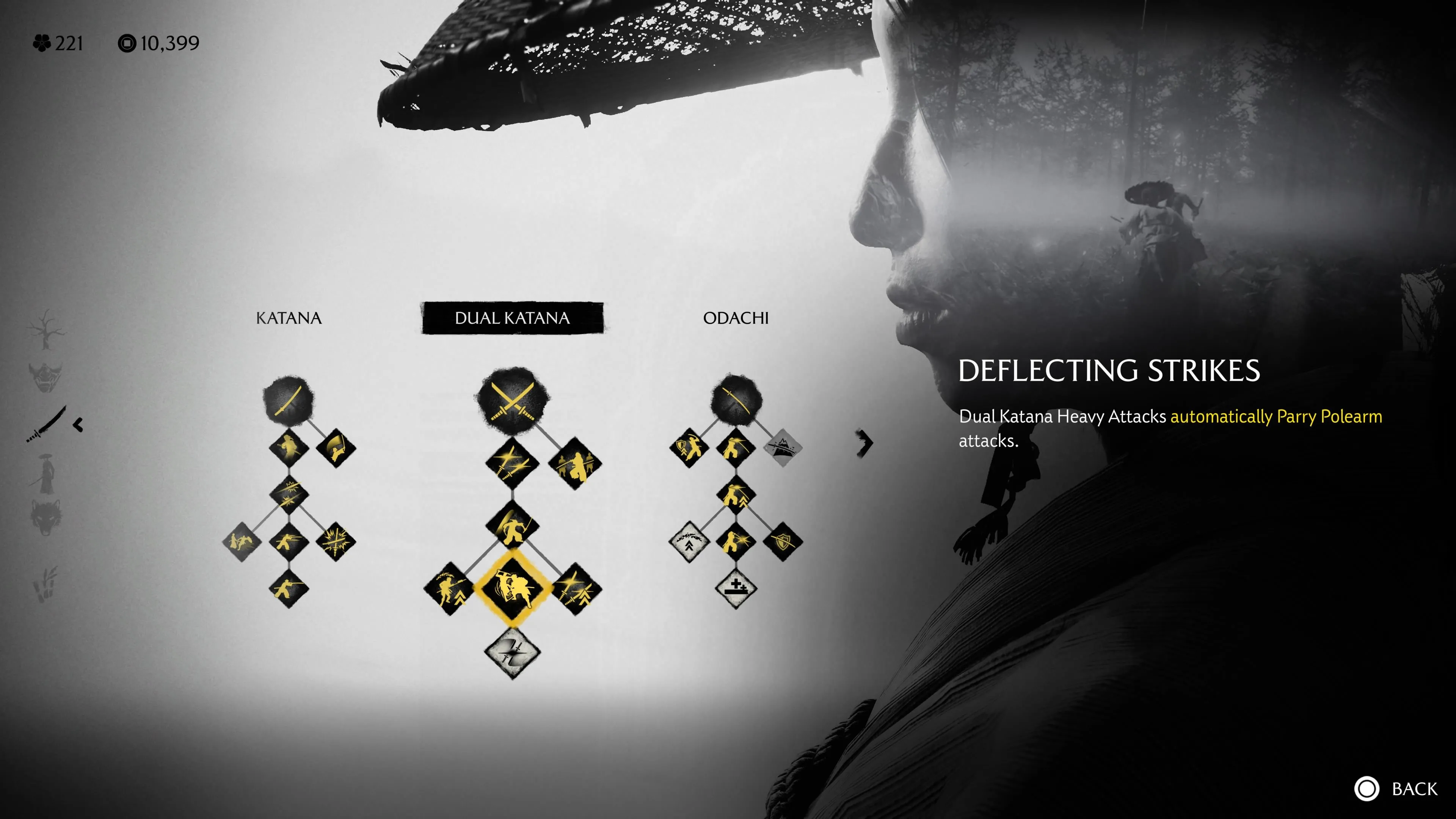 Deflecting Strikes auto-parry tấn công polearm bằng Dual Katana trong Ghost of Yotei