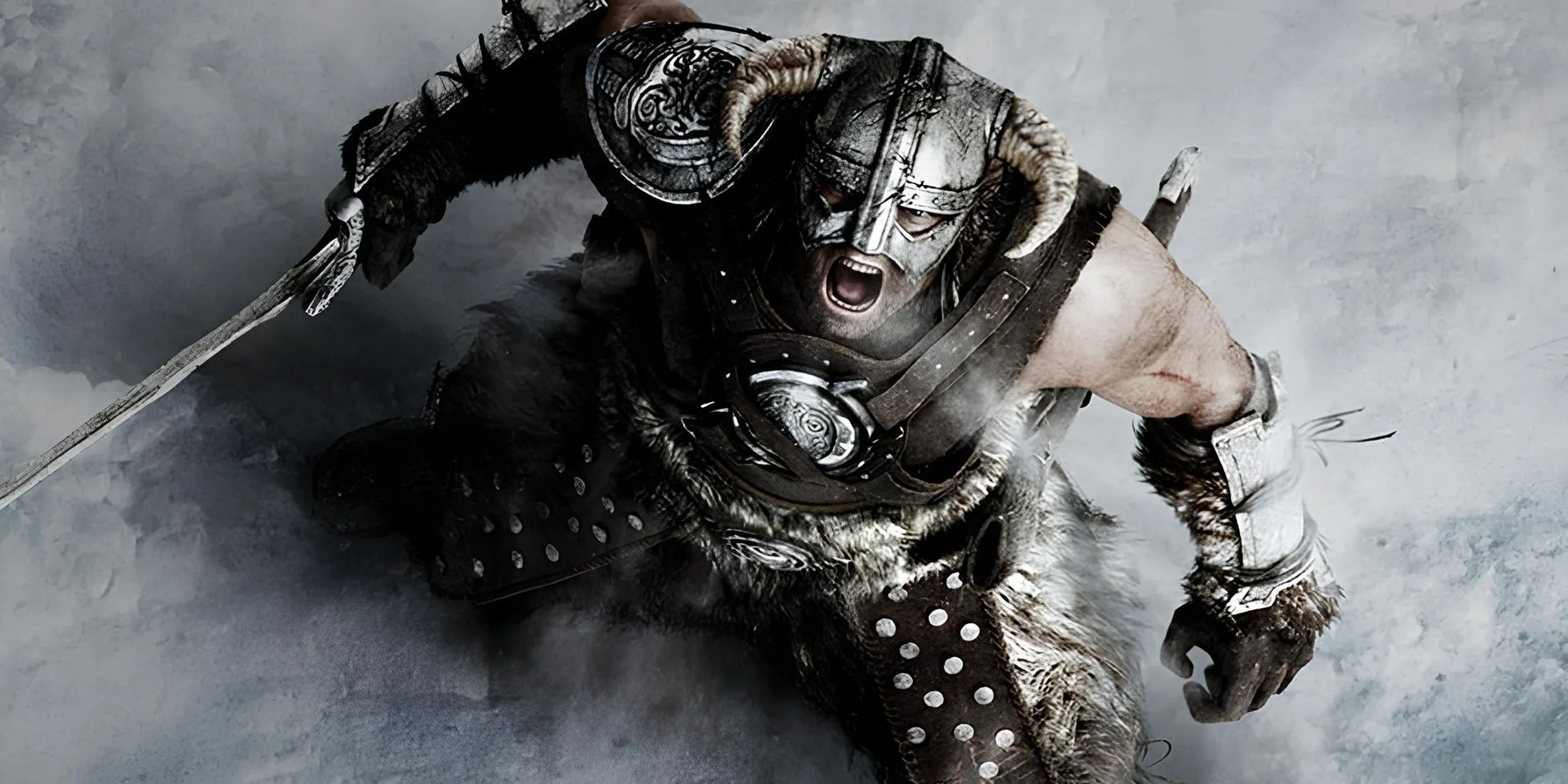 Dragonborn đứng trước phong cảnh tuyết của Skyrim với chủ đề rồng và bối cảnh medieval