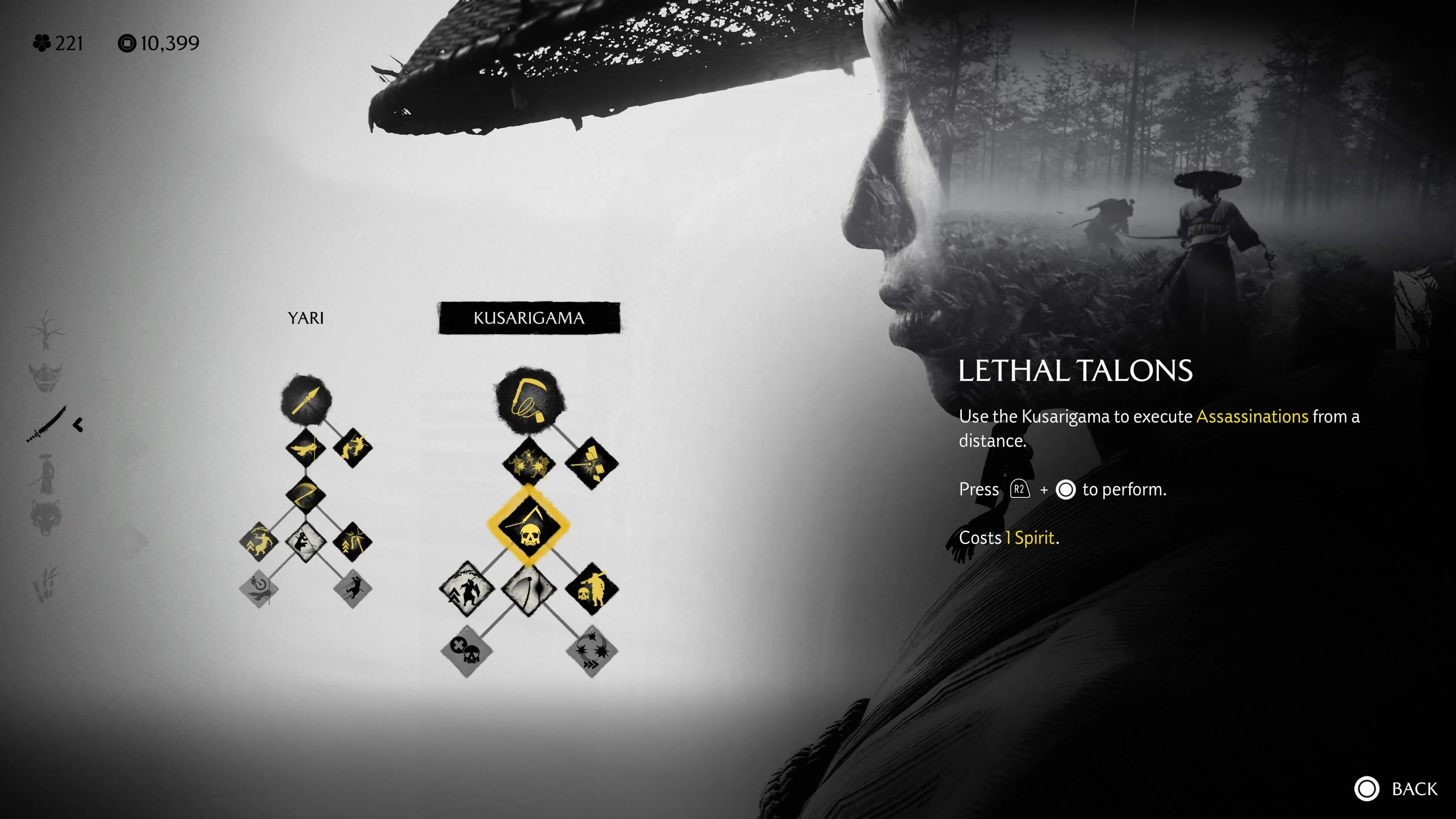 Lethal Talons cho phép ám sát tầm xa bằng Kusarigama, tiêu 1 spirit orb để hạ mục tiêu trong Ghost of Yotei