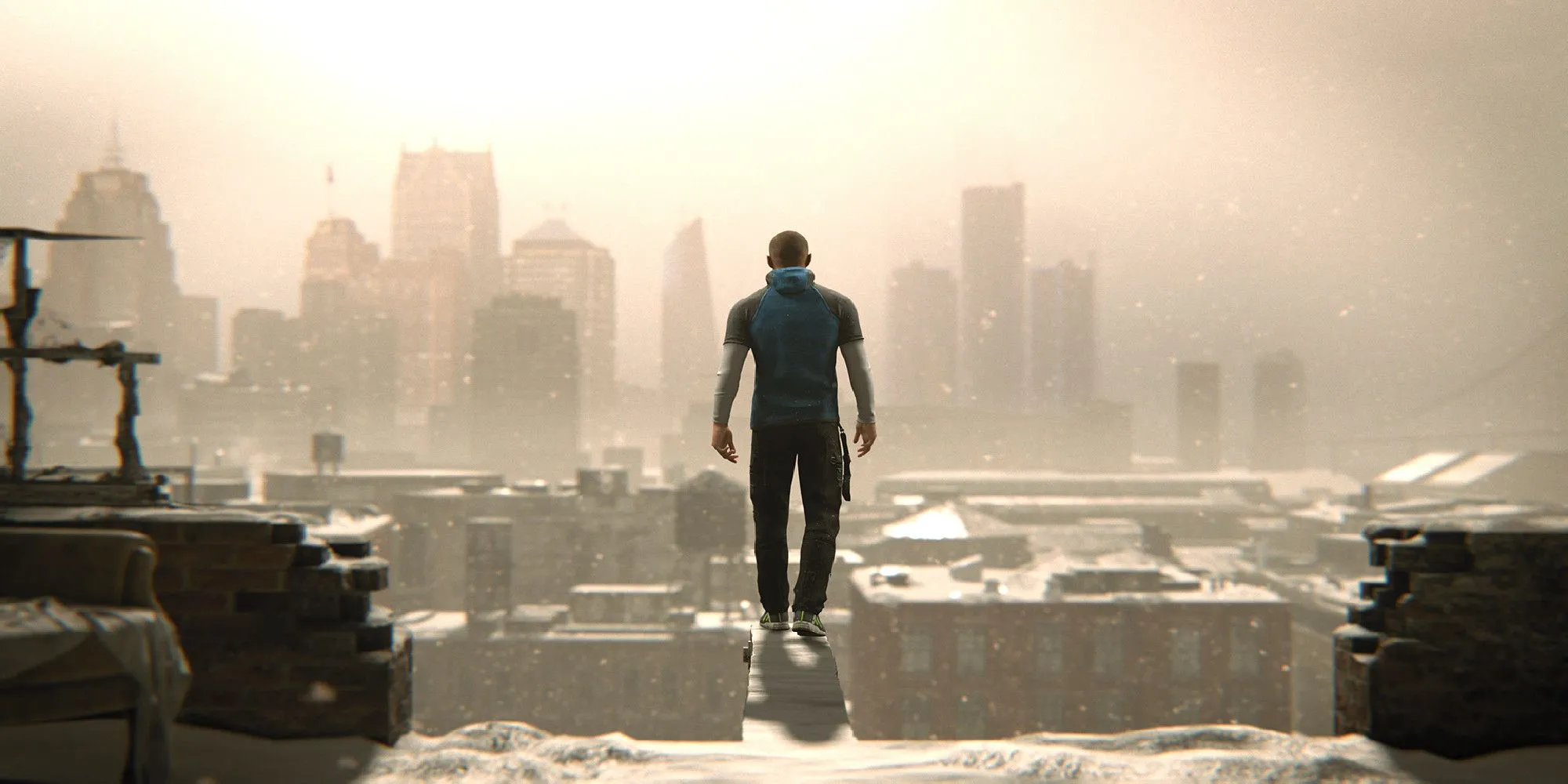 Markus đứng trên rìa toà nhà, tượng trưng cho quyết định định mệnh trong Detroit: Become Human
