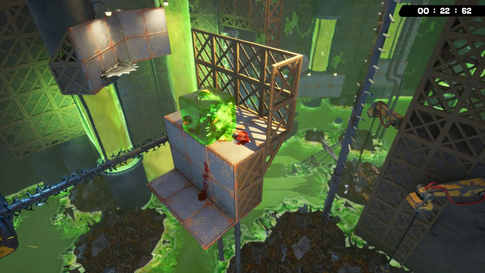 Meat Boy trên đường nhảy, sawblade và chướng ngại vật thiết kế để thử thách phản xạ của người chơi