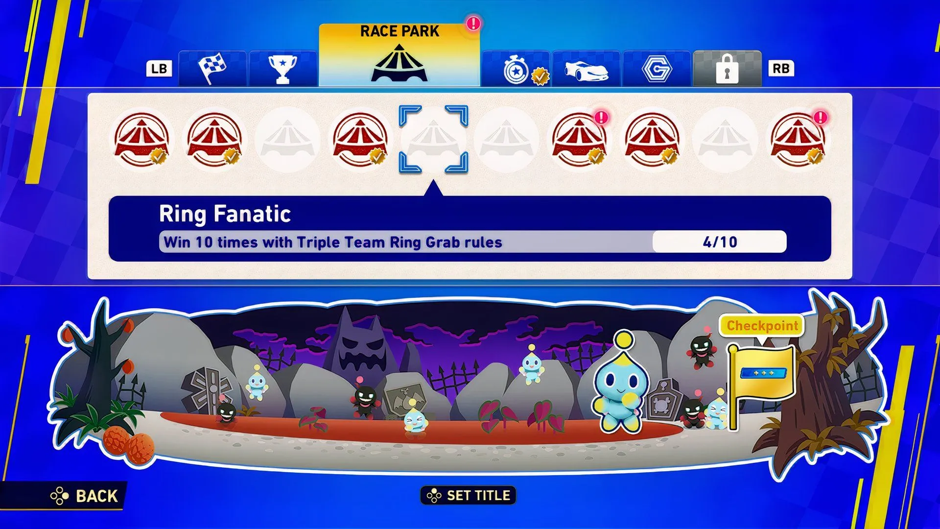 Menu thử thách Race Park trong Sonic Racing CrossWorlds, giao diện nhiệm vụ và tiến độ unlock phần thưởng