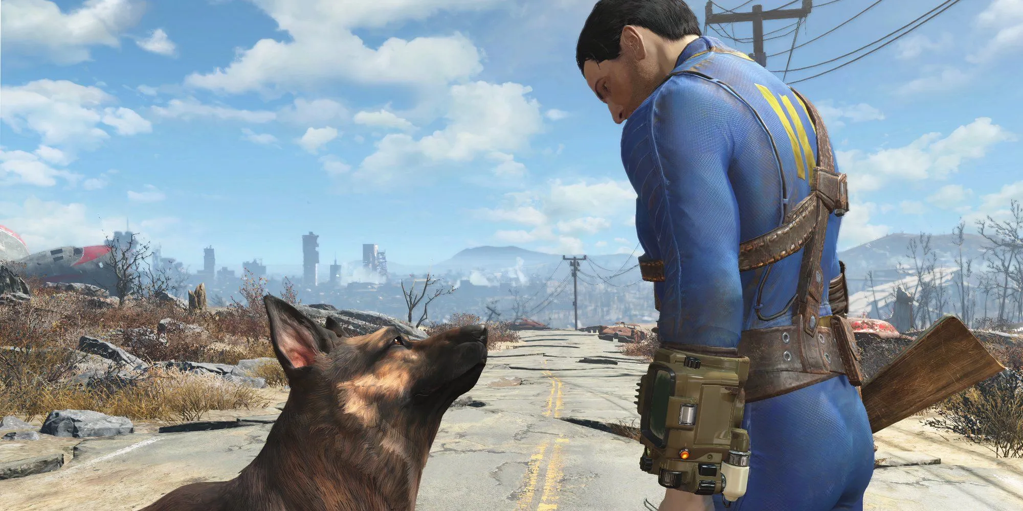 Sole Survivor tương tác với Dogmeat ở vùng hoang tàn trong Fallout 4, tượng trưng cho khám phá và đồng hành trong wasteland