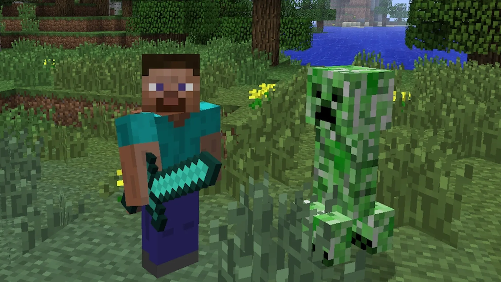 Steve đứng cạnh Creeper trong Minecraft, cảnh ánh sáng và block rõ nét