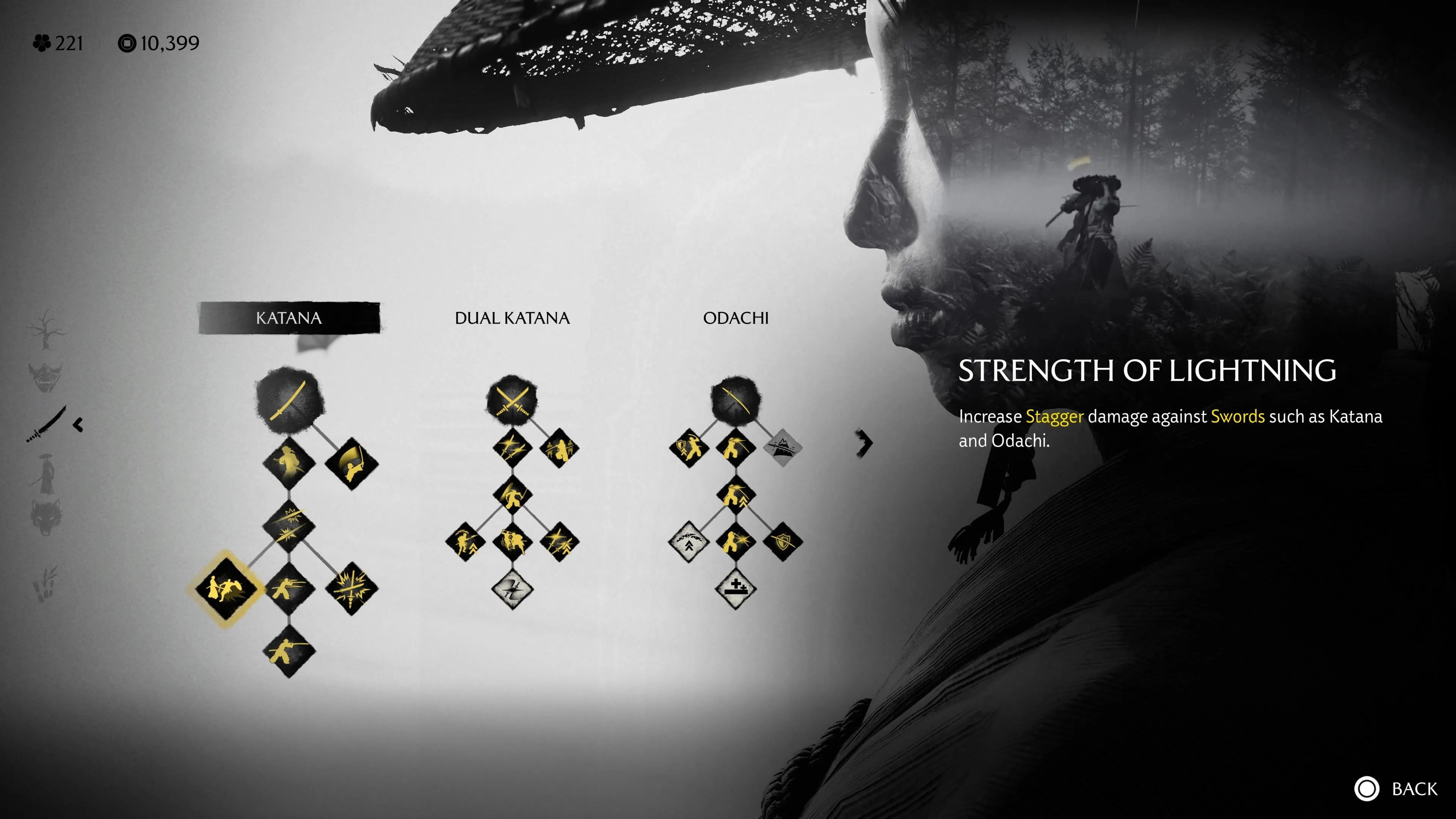 Strength of Lightning tăng stagger cho Katana khi đấu đối phương cầm kiếm hoặc Odachi