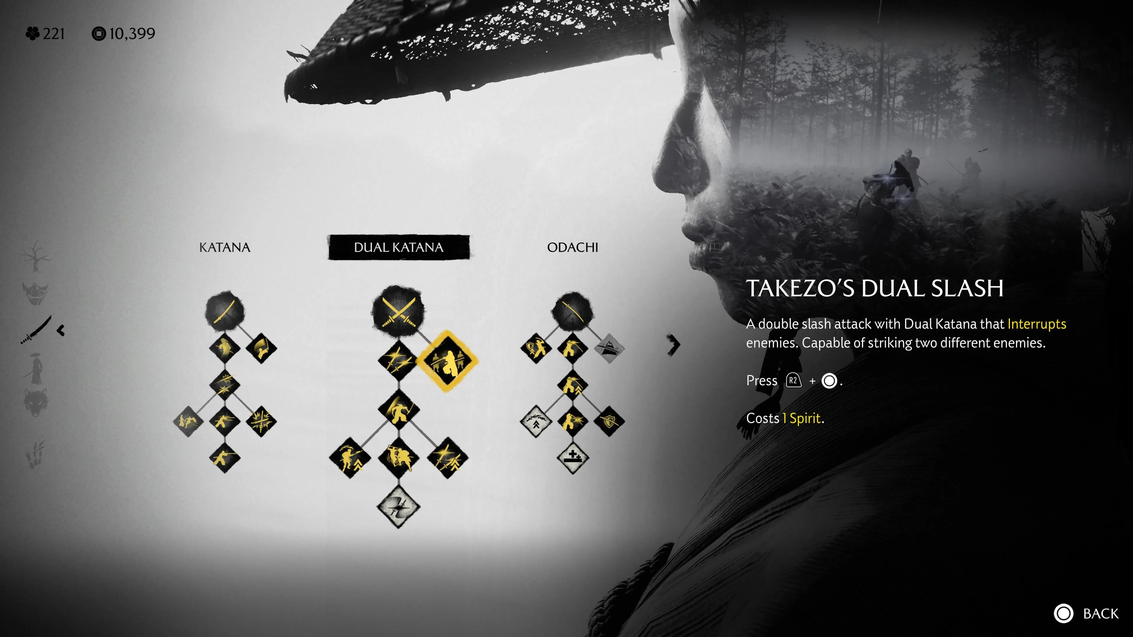 Takezo's Dual Slash kỹ thuật mạnh cho Dual Katana, unlock bằng quest của Takezo trong Ghost of Yotei